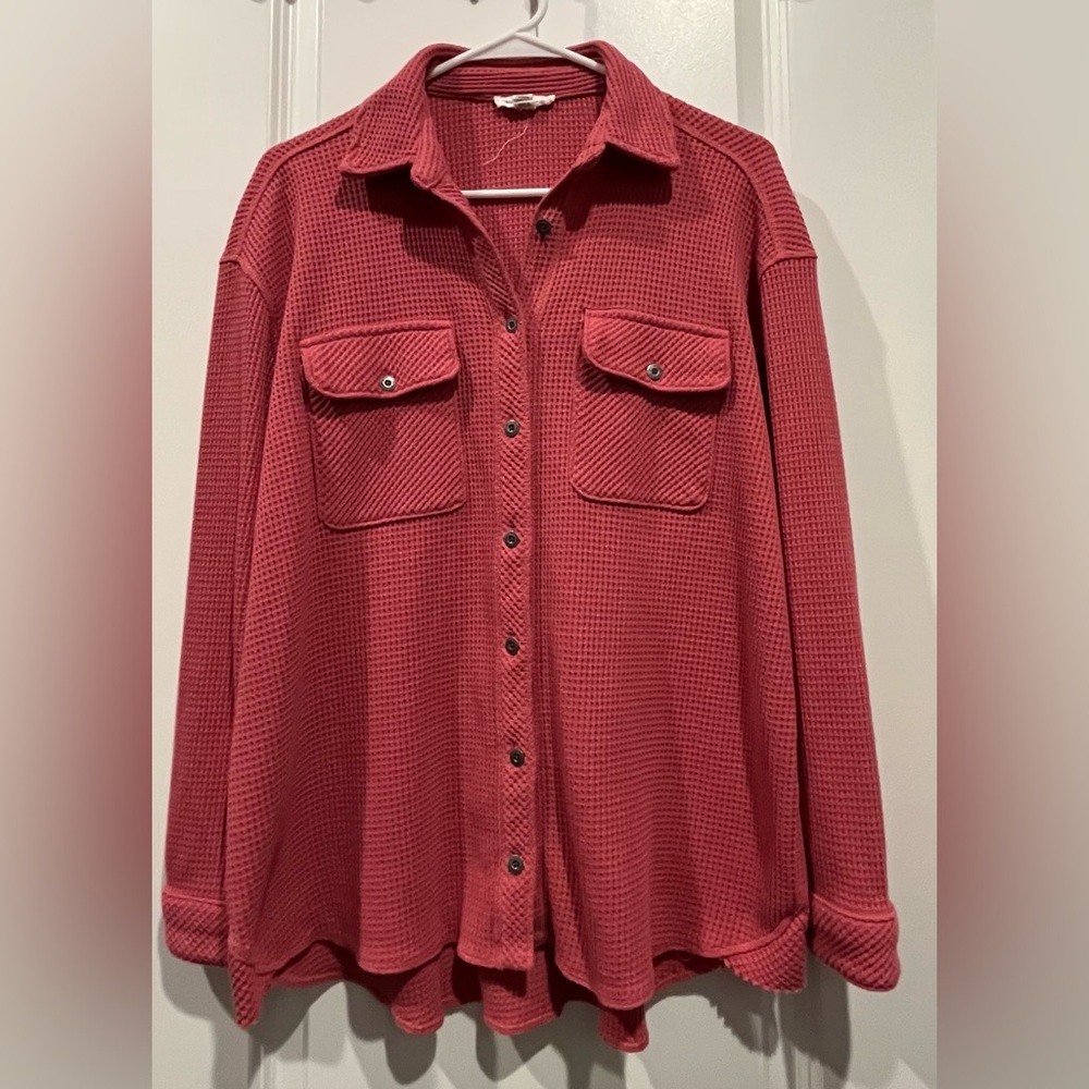 Beachlunchlounge Waffle Knit Shacket Size M (8-10) Pink Button Front Relaxed Fit